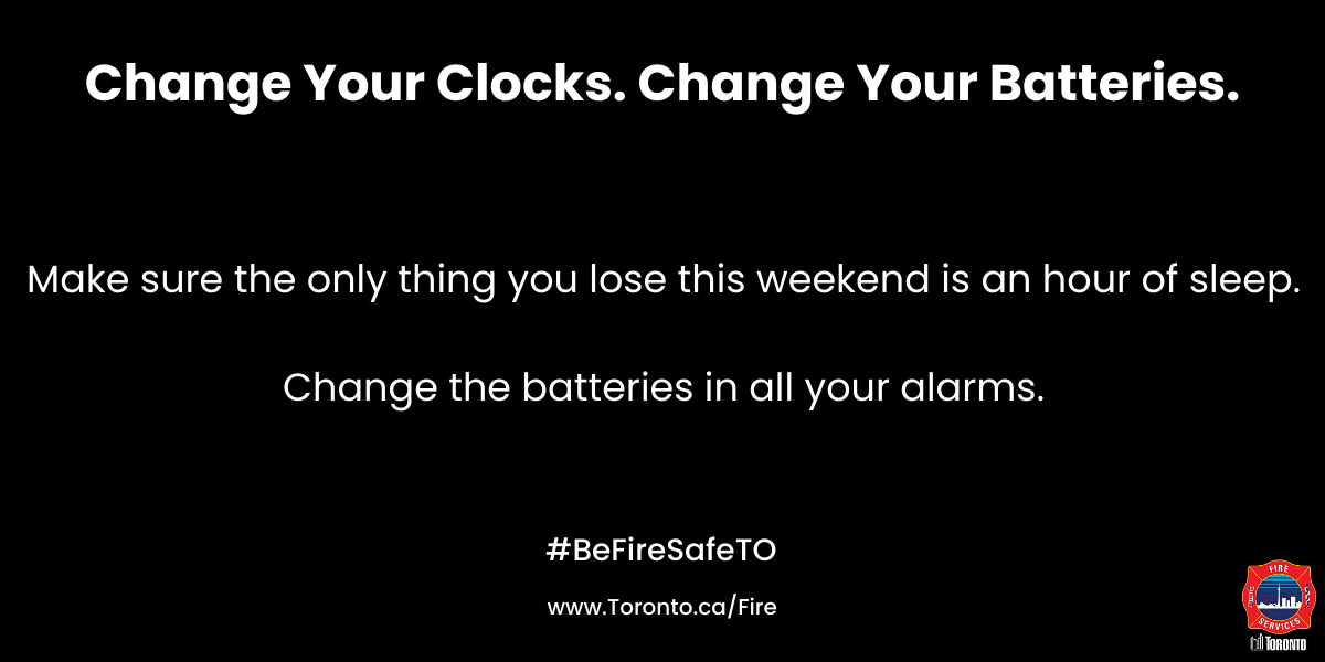 Toronto_Fire's tweet photo. This morning we #SpringForward for #DaylightSavingsTime. Don't forget to also change the batteries in your smoke and carbon monoxide alarms. The time you take to check your alarms today, could save a life tomorrow. @ChiefPeggTFS @tfsCFI1

#BeFireSafeTO https://t.co/tpKxge4ZoF