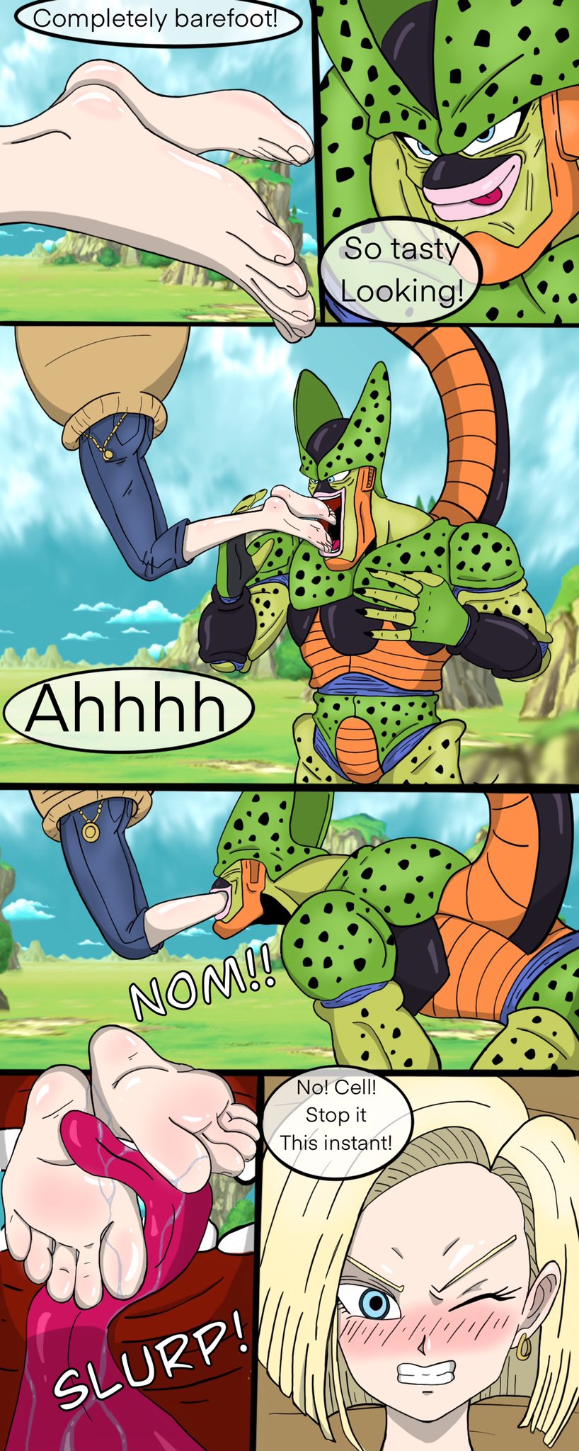 NashPotato 🔞 on X: Here we are everybody page 8 of the Vorefoot comic,  Android 18 is completely barefoot and Cell begins nomming on both her feet,  18 is angry yet so