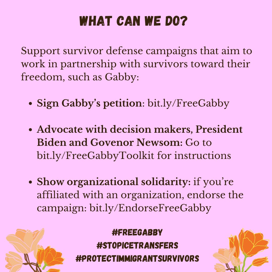 Survivors like Gabby Solano are criminalized for their survival & defending themselves, and then face additional consequences upon release - like transfer to ICE detention & potential deportation.

#FreeGabby #ProtectImmigrantSurvivors #StopICEtransfers
