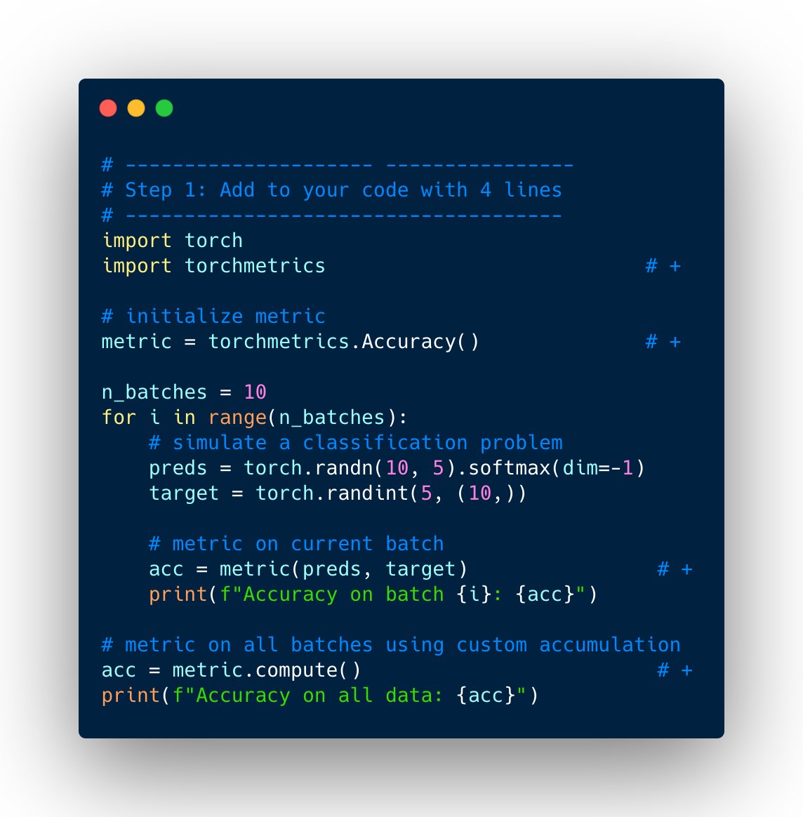williamfalcon's tweet photo. Excited to launch torch-metrics - @PyTorch metrics optimized for distributed training at scale.

We thought the lightning metrics could be useful to all @PyTorch users beyond just @PyTorchLightnin  :) 

https://t.co/CbFVEb2VGy https://t.co/v1b7Yd4Ks7