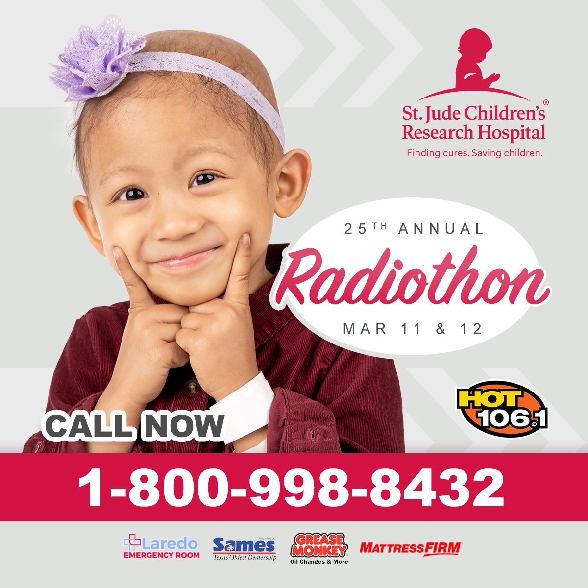 Hot1061LTX's tweet photo. Day 2 of our @stjude Radiothon is on! Become a #PartnerInHope now by calling our @mattressfirm call center at 1-800-998-8432 or at https://t.co/0x4tsE2xFY thanks to @greasemonkeylaredo!
Thanks to @laredoer and @sameslaredo for making this possible!
#StJude #WeWontStop #IAmHot1061 https://t.co/3J8GuFLtKm