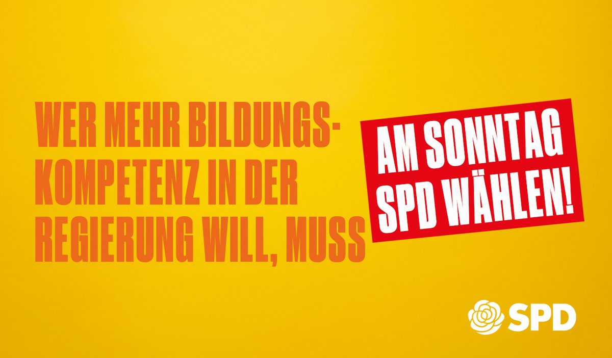 Wir stehen für kompetente Bildungspolitik, die allen gleiche Chancen bietet. Wir beenden das Eisenmann-Schulchaos, schaffen Kitagebühren ab, vereinfachen BaFöG und sorgen für eine Ausbildungsgarantie. Dafür am Sonntag SPD wählen! #daswichtigejetzt