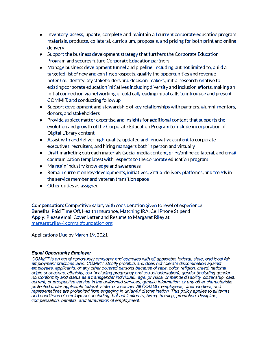 oc_workforce's tweet image. *HIRING NOTICE*

Apply to be the Director of Corporate Education with the COMMIT Foundation.

Please email Cover Letter and Resume to Margaret Riley at margaret.riley@commitfoundation.org.

Applications Due by March 19, 2021.

#OCWorksTogether #OrangeCounty #COMMITFoundation