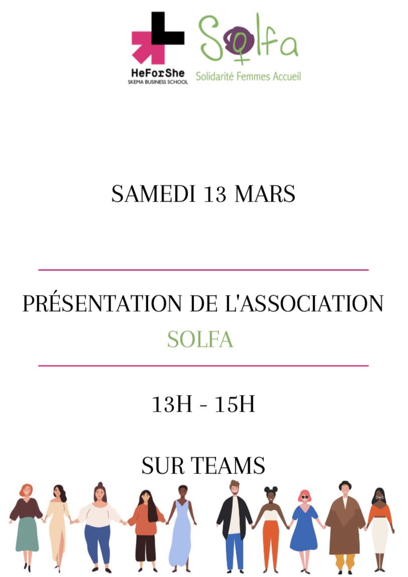 HeForShe_Skema's tweet photo. Nous organisons la présentation de l’association SOLFA avec laquelle nous allons travailler tout au long de ce semestre. 
La présentation se déroulera sur TEAMS de 13h à 15h demain après-midi. 
N’hésitez pas à nous rejoindre !
Lien : https://t.co/CNWxOD2UNa https://t.co/ug4wJwjDvC