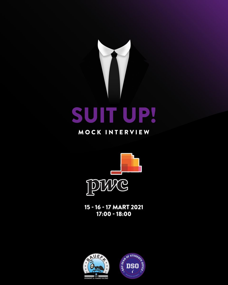 bauefk's tweet photo. Herkese selamlar! @pwc Suit Up etkinliğimiz ile tekrardan karşınızdayız! 15-16-17 Mart günleri 17.00-18.00 saatleri arasında düzenleyeceğimiz etkinliğimizde amacımız katılımcılarımıza insan kaynakları uzmanları ile mülakat deneyimini yaşatmaktır.... https://t.co/zU5UCtdhSC