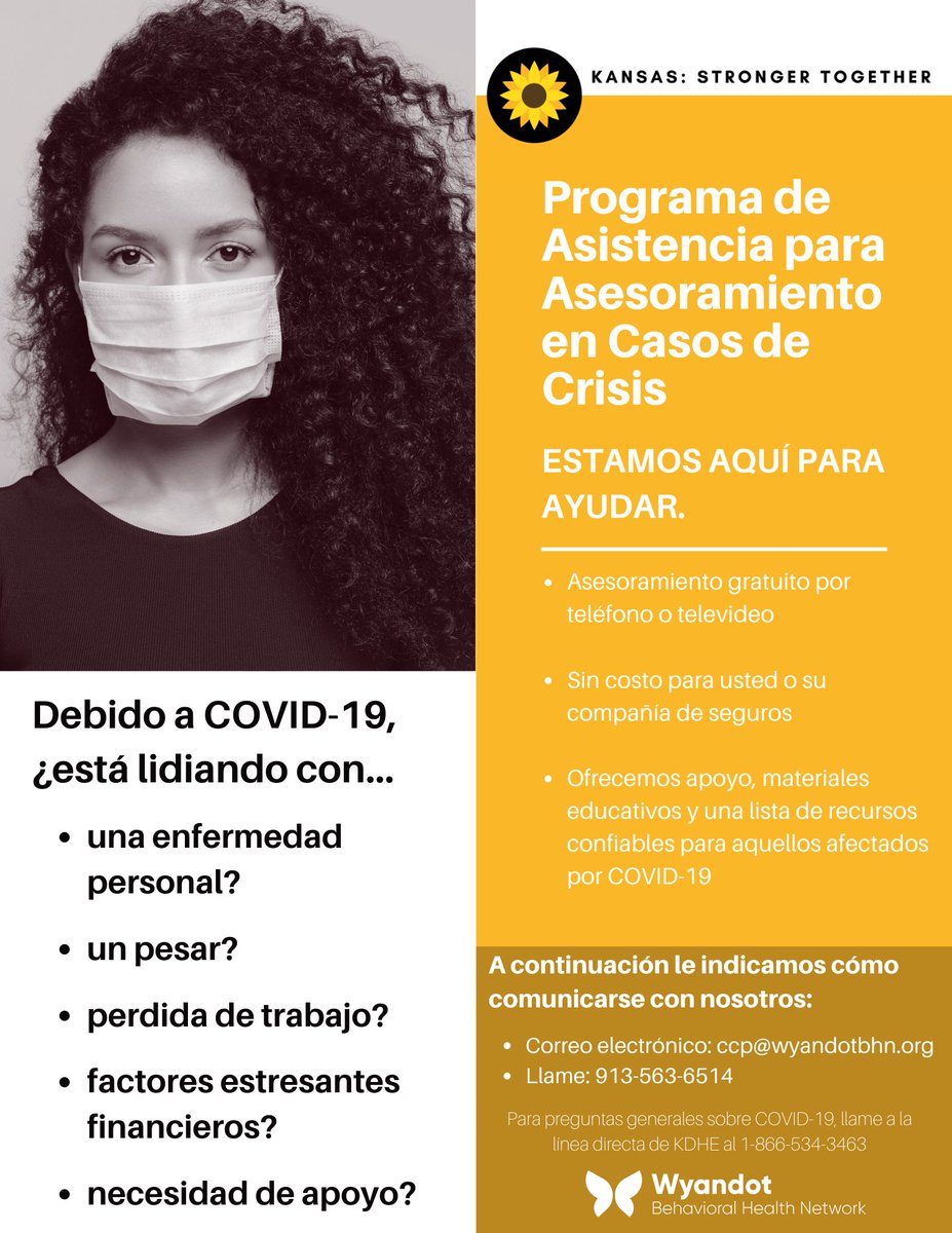 The COVID-19 pandemic has affected all of us in some way. We are here to help. The Crisis Counseling Assistance Program can provide ways to get the help you need to deal with this crisis, no matter what your circumstances.

Contact us by calling 913-563-6514.  #KSStrongerTogether