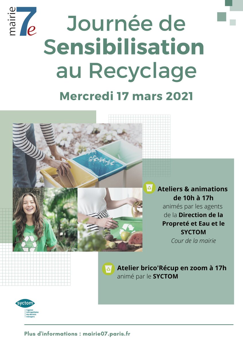 mairie7's tweet photo. [JOURNÉE DE SENSIBILISATION AU RECYCLAGE ET À LA PROPRETÉ] 🌲📆
La @mairie7 avec @LeSyctom et la #DPE #paris7, vous proposent des #Animations et #ateliers dans la Cour de la Mairie et #EnLigne
Le programme ▶https://t.co/DjiRGpa3U7
@datirachida #recyclage
#proprete #triDechets https://t.co/Bqi4IZgov3