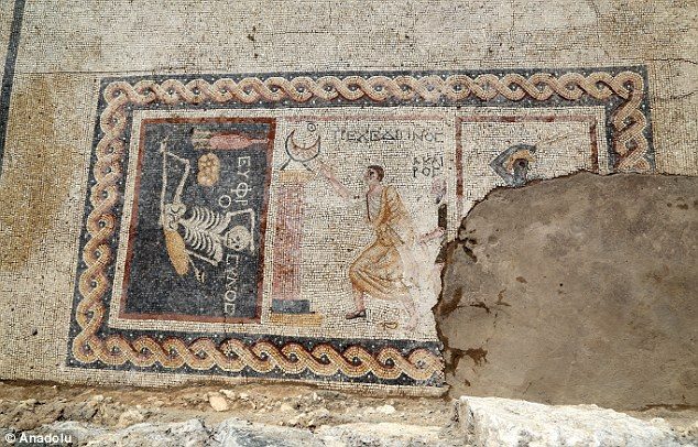 2,400 year-old skeleton mosaic in Turkey that says: 'Be cheerful, enjoy your life'