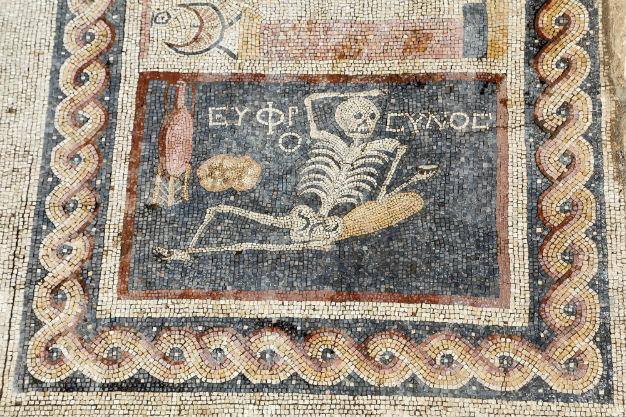 rabihalameddine's tweet image. 2,400 year-old skeleton mosaic in Turkey that says: 'Be cheerful, enjoy your life'