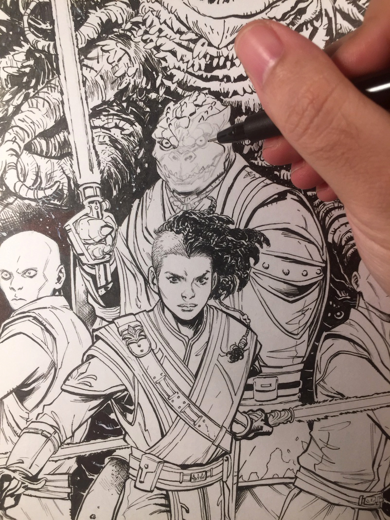 arioanin's tweet photo. The process of creating Star Wars #TheHighRepublic #1 Anindito variant cover, and later, side by side with the actual printed copy. 😊 Pencil and ink, also finishing touch up digitally by me, color by @rainberedo. https://t.co/CZVodFBH2q