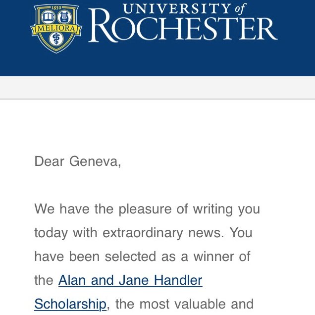 LHS CCCounselor (@lhscccounselor) on Twitter photo Geneva M. is an incredible addition to the LHS. A full 4 year scholarship to <a href="/UofR/">University of Rochester</a> and an additional $5,000 supplemental funding. I'm so happy to see all the greatness that is coming from <a href="/Classof2021LHS/">2021 Lehman Seniors!!!🐺</a> <a href="/LehmanHighLobos/">Lehman High Lobos</a> <a href="/HaysCISD/">Hays CISD</a> Keep the good news coming Seniors! You're AMAZING Geneva M. is an incredible addition to the LHS. A full 4 year scholarship to <a href="/UofR/">University of Rochester</a> and an additional $5,000 supplemental funding. I'm so happy to see all the greatness that is coming from <a href="/Classof2021LHS/">2021 Lehman Seniors!!!🐺</a> <a href="/LehmanHighLobos/">Lehman High Lobos</a> <a href="/HaysCISD/">Hays CISD</a> Keep the good news coming Seniors! You're AMAZING