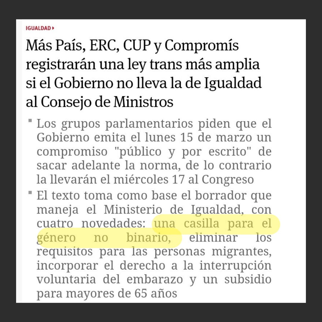 Nos hace mucha ilusión esto que hemos conseguido chiques. Por fin se pone encima de la mesa una tercera casilla que nos representa e incluye a las personas trans no binarias. #HabraLeyTrans #NoBinariesEspaña #LeyTransAlCongreso

Aquí la noticia completa de bit.ly/3qI0XgH