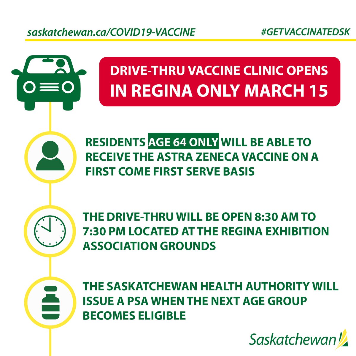 On March 15, Regina will open a pilot Drive-Thru immunization clinic for those residents who are aged 64 ONLY and all Phase 1 health care workers. You cannot pre-book an appointment for the Drive-Thru clinics. 

To learn more, visit saskatchewan.ca/government/new….