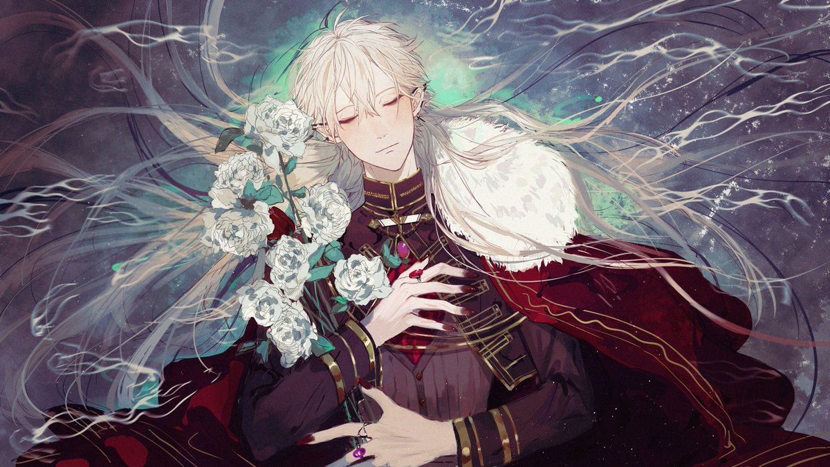 kuzuha (nijisanji) white flower male focus flower white rose 1boy jewelry closed eyes  illustration images