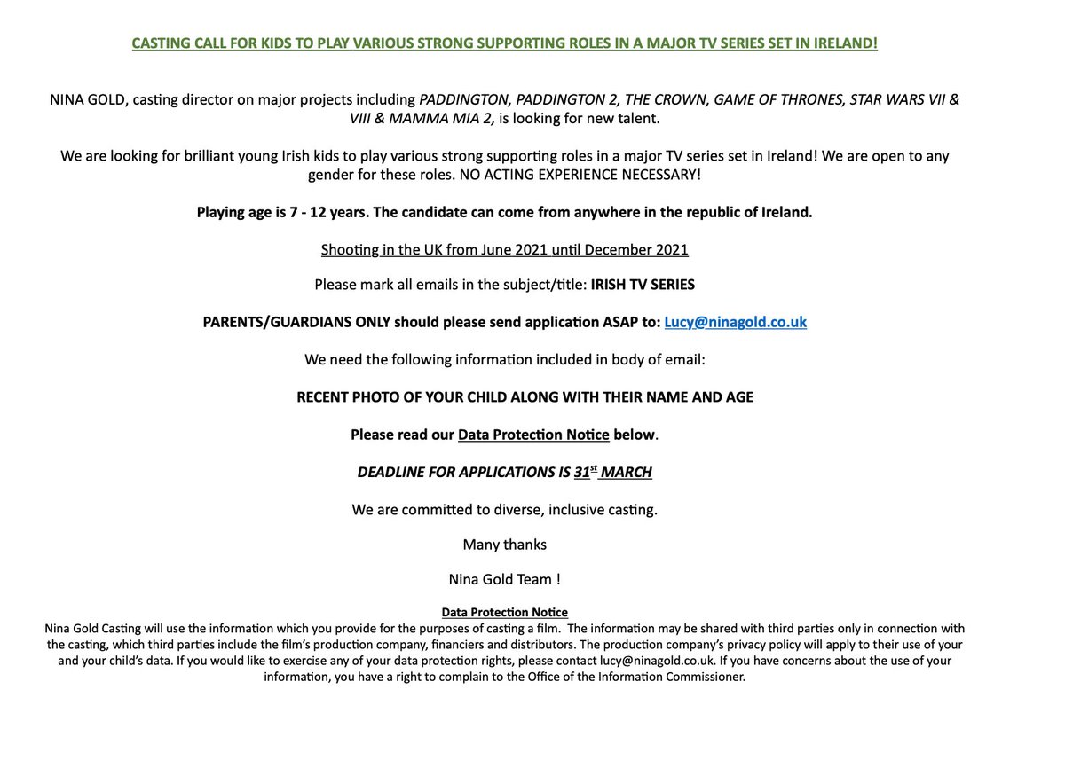 ltd_nina's tweet photo. We have an exciting casting call for kids in Ireland! Please share. Thanks Nina Gold Team https://t.co/6OvXXE35Nv
