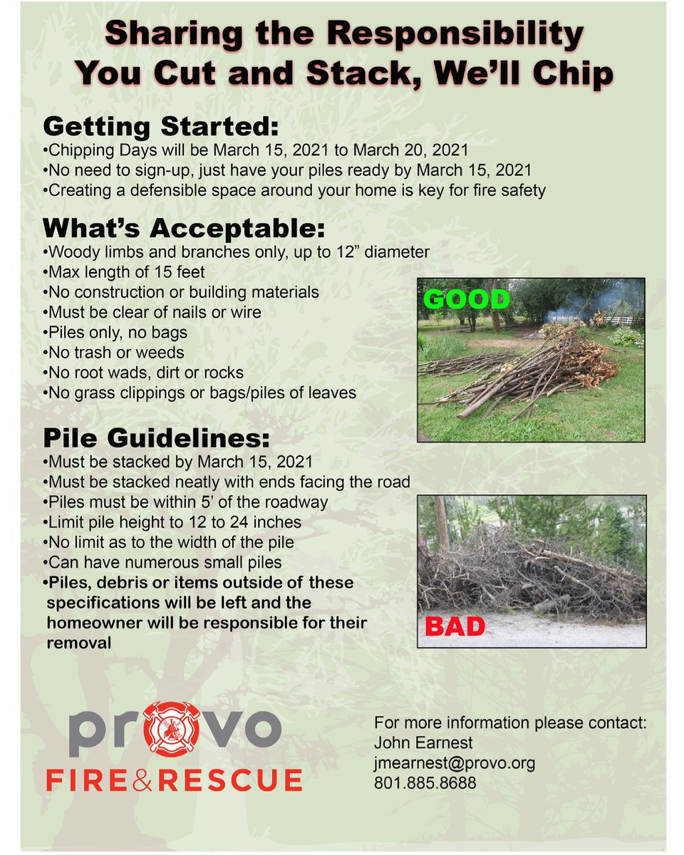 provofire's tweet photo. Just a reminder that our Provo Chipper Days starts Monday the 15th for the following neigborhoods:

Edgemont
Indian Hills
North Timpview
River Bottoms
Rock Canyon
Sherwood Hills

#protectprovo #wui #provochipperdays #wildfiresafety #firewise #wildfireprevention https://t.co/wgh4v4Bapp