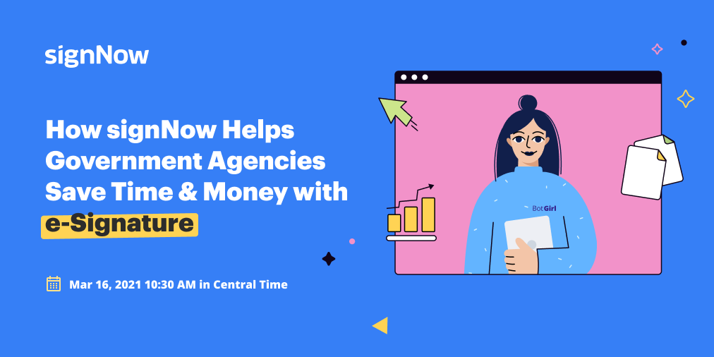 airSlatePartner's tweet photo. #BotGirl here! Don't miss our 10-min mini-webinar about #signNowForGovernment! Sign up to learn more about how our #esignature solution can digitize &amp; automate paperwork...empowers users to focus on serving citizens rather than paperwork! Register here:  https://t.co/gw6MQRZJAp https://t.co/637swRUGm1
