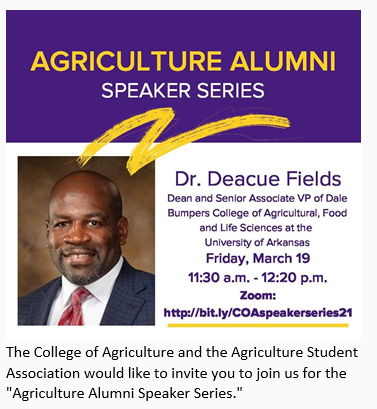 Join us as we hear from LSU and Southern Alumnus, <a href="/DeacueFields/">Deacue Fields</a>  on March 19th at 11:30 am. <a href="/LSUCollegeofAg/">College of Agriculture</a> <a href="/LSUAgCenter/">LSU AgCenter</a> <a href="/suagcenter/">SU Ag Center</a>