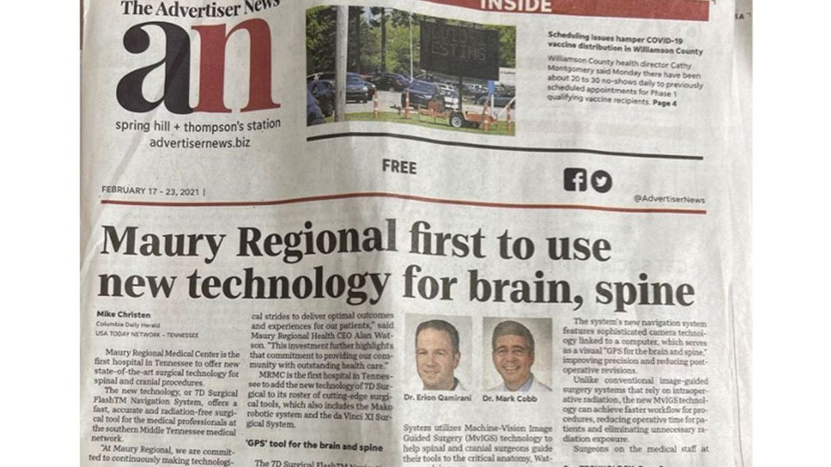 7DSurgical's tweet photo. Grab your coffee and enjoy this delightful read on the front page news in Tennessee! @MauryRegional &amp; 7D Surgical are bringing surgical #navigation with #noradiation to the local healthcare community. 
Link: https://t.co/TsmsPUDYz2
#spine #neurosurgery #machinevision #healthcare https://t.co/UREuQsqEM4