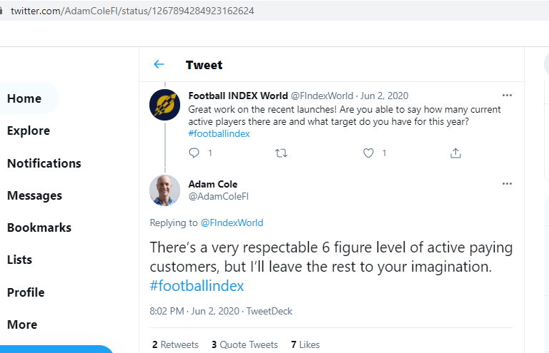 In June 2020, then-CEO of  #FootballIndex Adam Cole confirmed that the company had a "6 figure level of active paying customers". In October 2020, FI launched the active trader metric, regularly showing less than 5k active customers  https://twitter.com/AdamColeFI/status/1267894284923162624