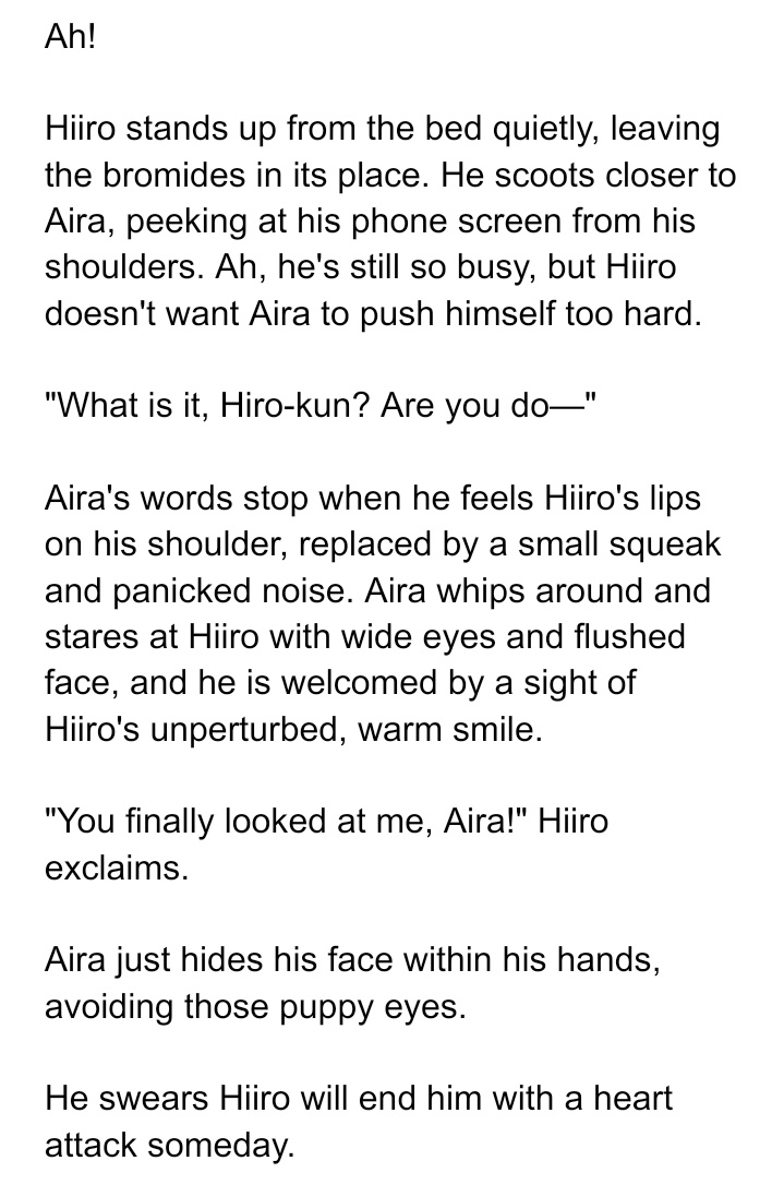 Surprise sometimes I will go back on this thread whenever I feel like it lolhiiai with  #19 prompt for  @hiiairabu !!!!!!