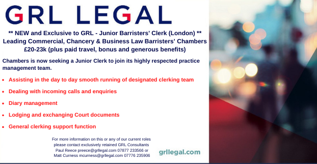 GRLLegal's tweet image. ** NEW and Exclusive to GRL **
Junior Barristers&apos; Clerk - Leading Commercial, Chancery and Business Law Barristers’ Chambers  (London)
£20-23k (plus paid travel, bonus and generous benefits)
#grlrecruits #chambersroles #adminroles