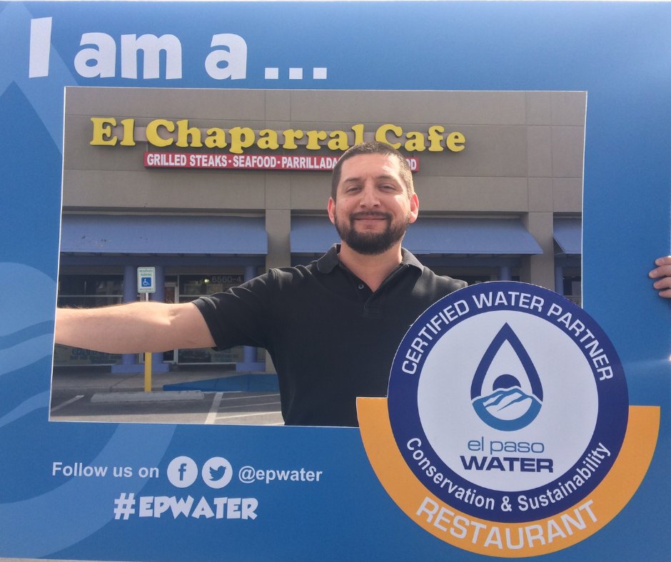 EPWater's tweet photo. Today we feature another #CertifiedWaterPartner, El Chaparral Cafe. We can help local restaurants become more water efficient. For more info, call (915) 621-2002 or e-mail dwhughes@epwater.org.
#ElPasoWater #TecH2O #CertifiedWaterPartner #SupportLocal  #WaterConservation https://t.co/75tAyKXLhF