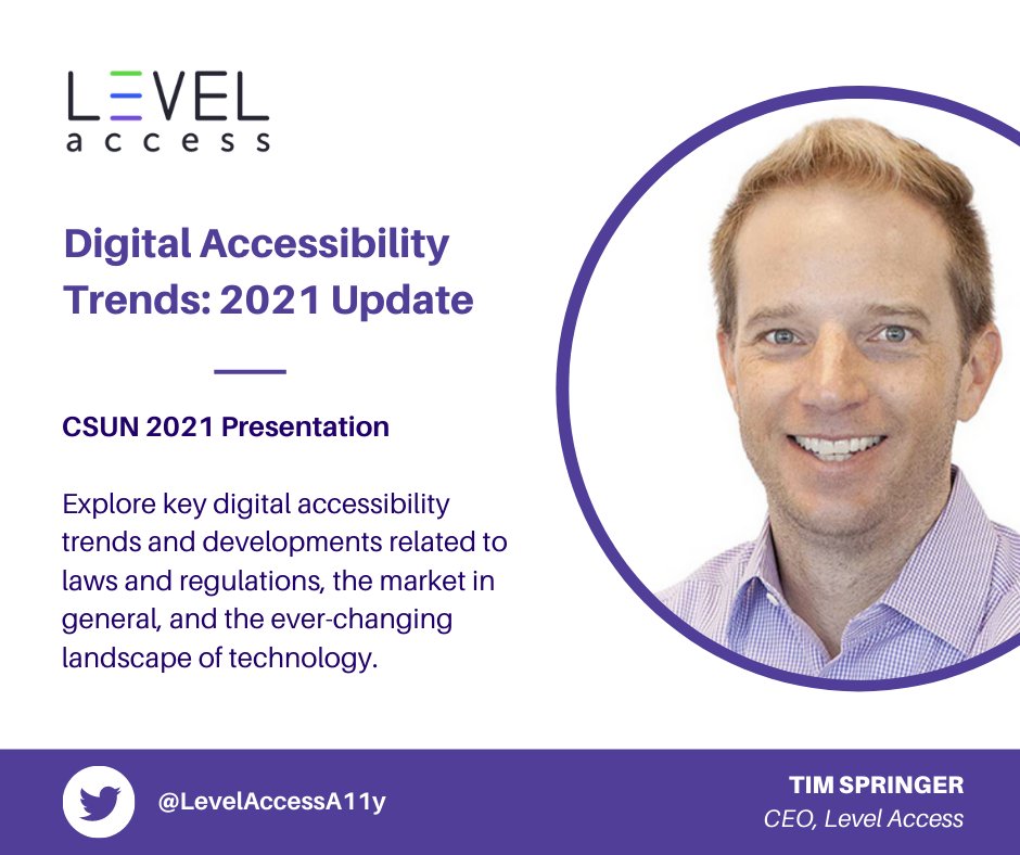 LevelAccessA11y's tweet image. If you missed @timsp00 Presentation at #CSUN2021 you can go back and watch the recording! Explore key digital accessibility trends and developments related to laws and regulations, the market in general, and the ever-changing landscape of technology. ow.ly/NHu450DVr2f