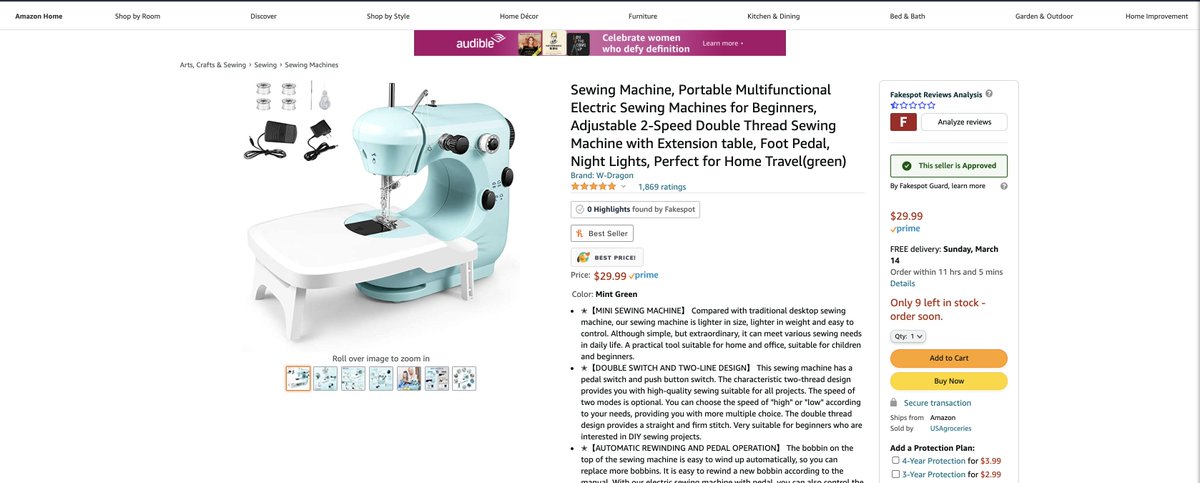 SaoudKhalifah's tweet image. #AmazonFraud of the day from #Fakespot

Cheap sewing machine that doesn&apos;t work using reviews from some kind of &quot;medieval&quot; item. The one authentic review that was from an actual consumer and how disappointed they were.

L:amazon.com/dp/B08VN5NVSJ
A:fakespot.com/product/sewing…