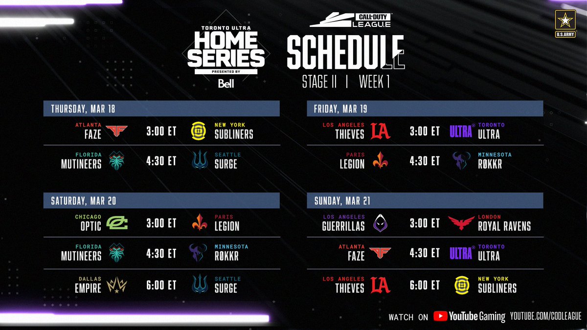 CODLeague's tweet photo. #CDL2021 Stage II is set: Check out the schedule for all three weeks of matches! 🗓 https://t.co/Dtx2oSxNmI
