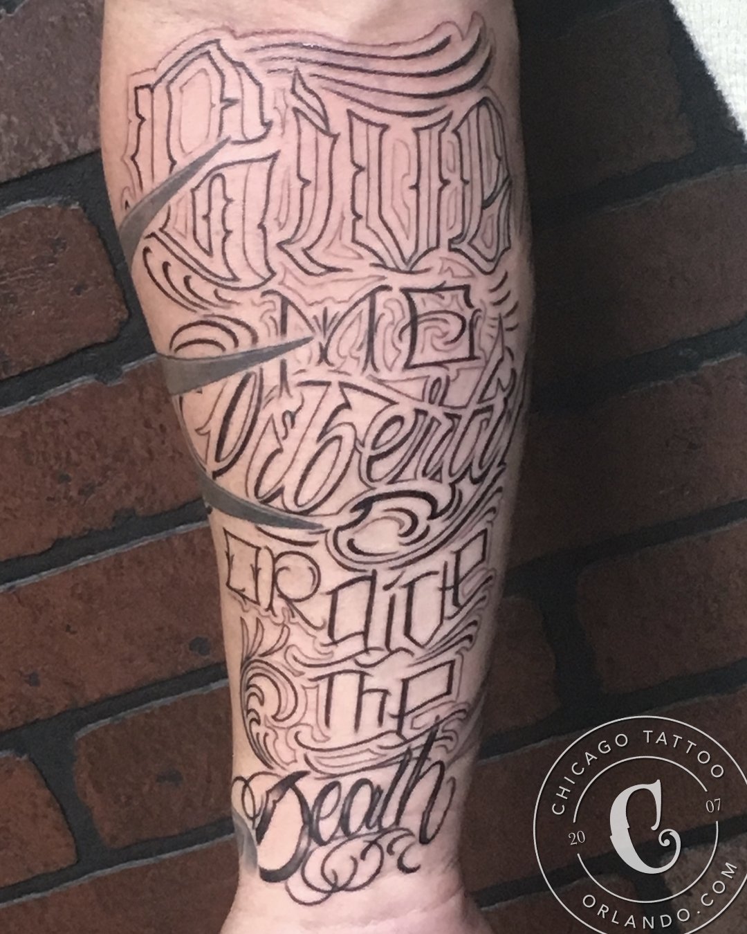 Give Me Liberty Or Give Me Death Tattoo Chicago Tattoo Co Twitterren: "🗽Give me Liberty or Give me Death 👨 This one's by Tim! 🤙 Give us a call to set up a consultation. 📱 407-678-8858 #ChicagoTattooOrlando #Tattoo #OrlandoTattooShop #OrlandoTattooArtist