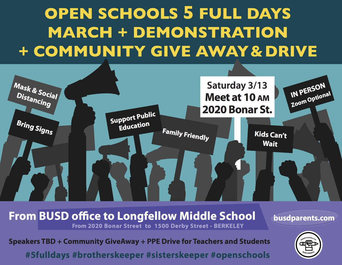 the time is NOW!

Tomorrow let's March for the kids in Berkeley!

Meet Saturday March 13th at 10am // 2020 Bonar street march to Longfellow School for rally with speakers and PPE giveaway.

We love teachers, we love public schools, we love BERKELEY!

#fivefulldays 

#openschools