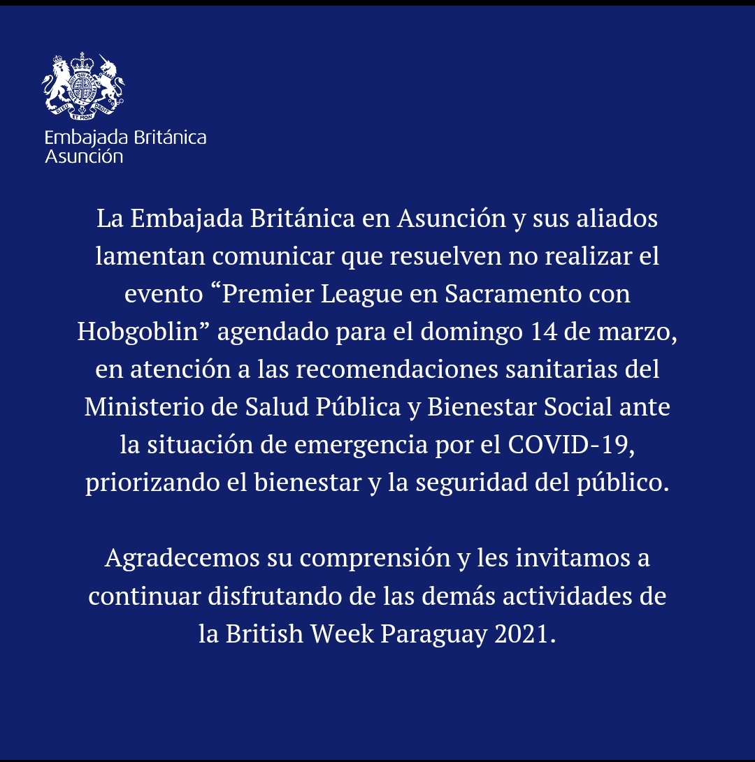 UKinParaguay's tweet photo. ❗ATENCIÓN❗
Lamentamos comunicar la suspensión del evento Premier League Arsenal vs. Tottenham en Sacramento Brewing Co., en atención a las últimas recomendaciones sanitarias.
Les invitamos a seguir disfrutando de las demás actividades de la #BritishWeekPy2021 🇵🇾🇬🇧 https://t.co/SGg85wlh5B