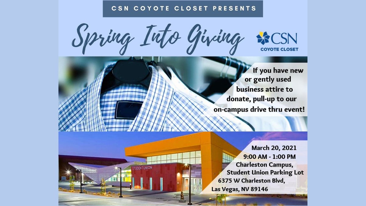 CSNCoyote's tweet photo. Donate new or gently used business attire to the Coyote Closet during the Spring Into Giving Clothing Drive! Pull up to the drive through drop-off event in the Charleston Student Union parking lot on March 20 9 AM to 1 PM. Visit https://t.co/HifpX5DeAk for more information. https://t.co/CitNL4Huyu