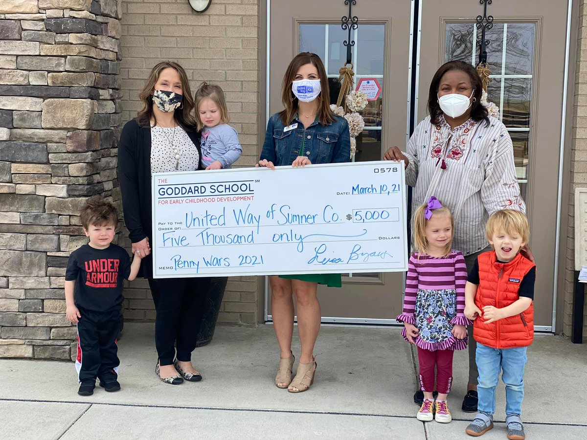 UnitedWaySumner's tweet image. A big thank you to the Goddard Schools (in Hendersonville and Gallatin) for the $5,000 donation to @unitedwaysumner. Thank you for helping our neighbors in need in Sumner County. #UniteSumnerTour #UnitedWaySumner #CreatePositiveChange