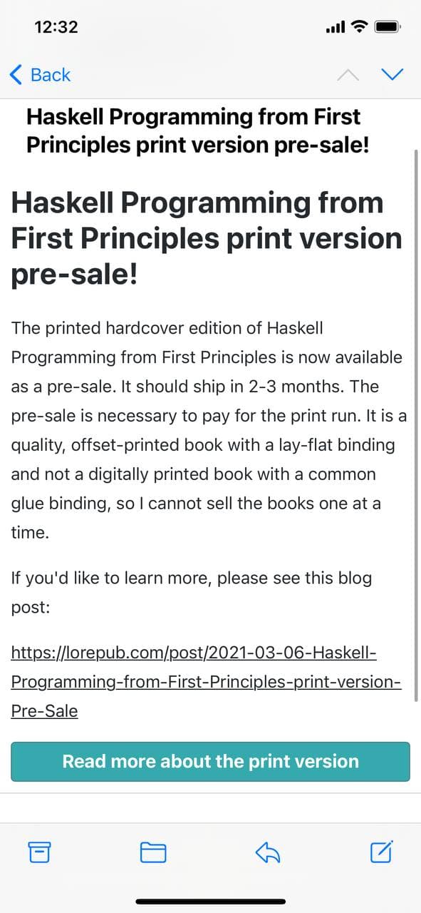 Haskell Book on Twitter: "If didn't opt of emails from Gumroad you should've gotten a message me today the pre-sale of the hardcover @haskellbook It links to this