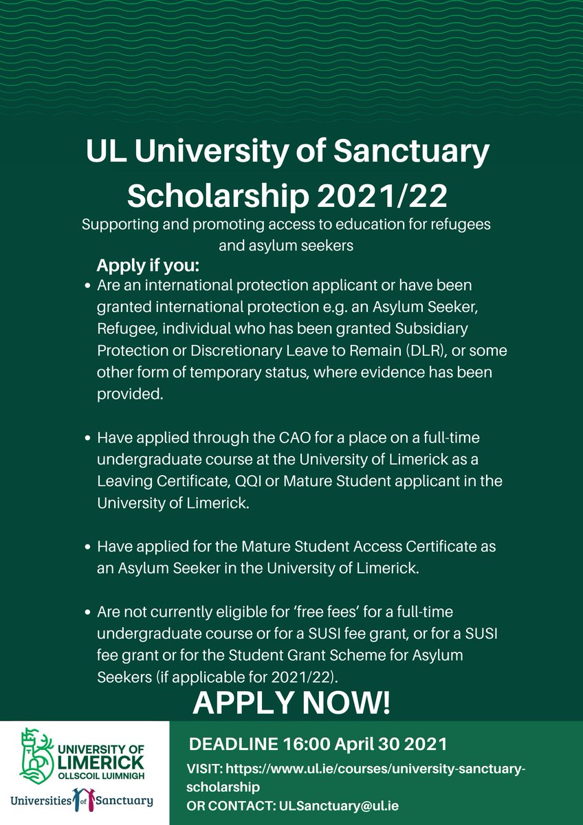 UL Sanctuary Scholarships are now open for applications.
Further information is available from ul.ie/courses/univer… Closing date: 30th April 2021