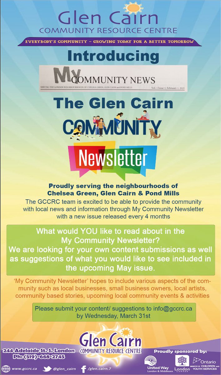 Hello Community Members! We are looking for your own content submissions as well as suggestions of what you would like to see included in the upcoming May issue.
Please submit your content/ suggestions to info@gccrc.ca by Wednesday, March 31st