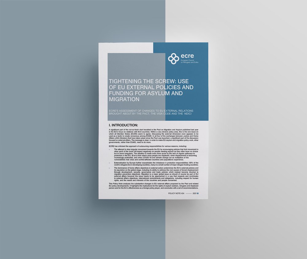 ecre's tweet photo. 📌ECRE Policy Note: Tightening the Screw: Use of EU External Policies and Funding for Asylum and Migration

Read our analysis of the substantive changes to EU external affairs proposed by the #Pact and related EU policy developments👉https://t.co/veysSRUTiU

#HardlyRocketScience https://t.co/R8GkljWVae