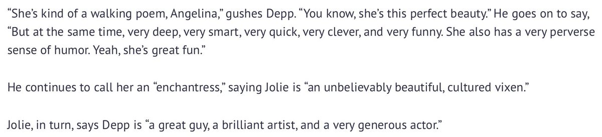 AH said admired Jolie but reckon more like narcissistic envy,tries to compete & imitate egJolie humanitarian,donates charity,supports many causesJolie often plays ‘strong’ woman in action filmsIn interviews both Jolie & JD say how they got on well personally &*a thread*