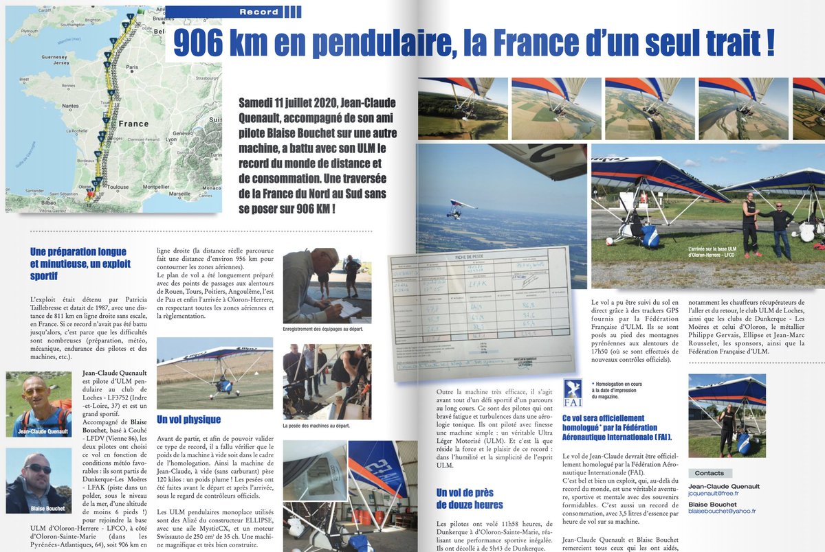 FFfplum's tweet photo. 👏🛫 Record homologué par la @airsports_fai ❗️
➡ La traversée de la France en pendulaire d'un seul trait par Jean-Claude Quenault accompagné de son ami Blaise Bouchet ! Bravo à eux deux ! 👏
@Sports_gouv @vol_moteur @DGAC @Agence_du_Sport @cnosf_instit @sportenfrance https://t.co/I4427WXmgu