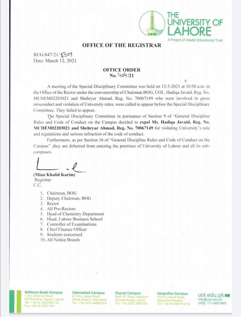 ZahidGishkori's tweet photo. University of Lahore administration purportedly expelled Hadiqa and Shehryar from university for publicly going for marriage proposal &amp; momentary display of affection. University says both students violated code of conduct and committed gross misconduct in the university. https://t.co/MDIVJ4Mk9U