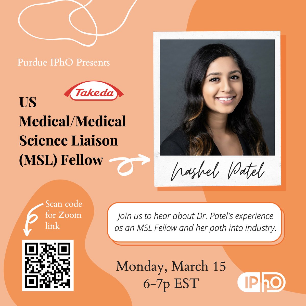IPhO_Purdue's tweet photo. Join us this coming Monday at 6p to learn more about Medical Affairs from Purdue/Takeda Fellow Nashel Patel!
#industrypharmacy #studentpharmacist #futureofpharmacy #studentleaders #ipho #redefinepharmacist https://t.co/ReE370U1h8