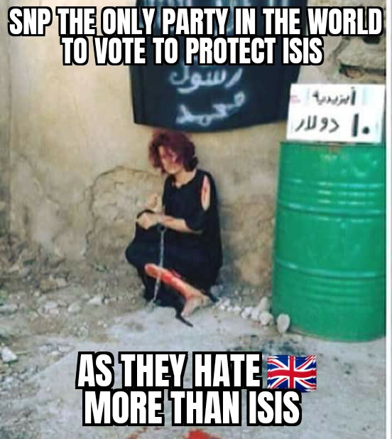 Duncan16Alan's tweet photo. @allza1903 @ScotTories Snp only party in the world to vote to protect isis at every opportunity
Snp the same party that stands by isis, groomer mackay etc is the same snp criminalizing free speech of Scots, stripping Scots women and children safe zones
#IAmTheStorm #snpMorallyCorrupt #ResignSturgeon https://t.co/O9ir6P3i5f