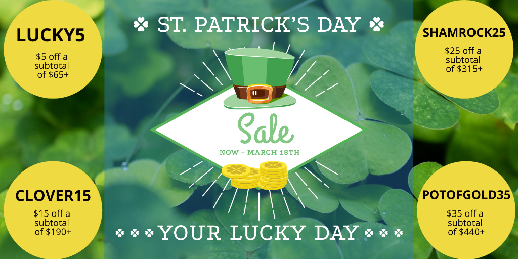PipeAndDrapeOn's tweet photo. #StPatricksDay #Sale now - 3/18/21!

*Codes cannot be stacked / combined with any other discount offer. Enter code in "Apply Coupon" box during checkout. Online only, limited to available inventory. Ends 11:59 PM Eastern on 3/18/21.

#PipeAndDrape #lucky #shamrock #potofgold https://t.co/zpPTTOfPcf