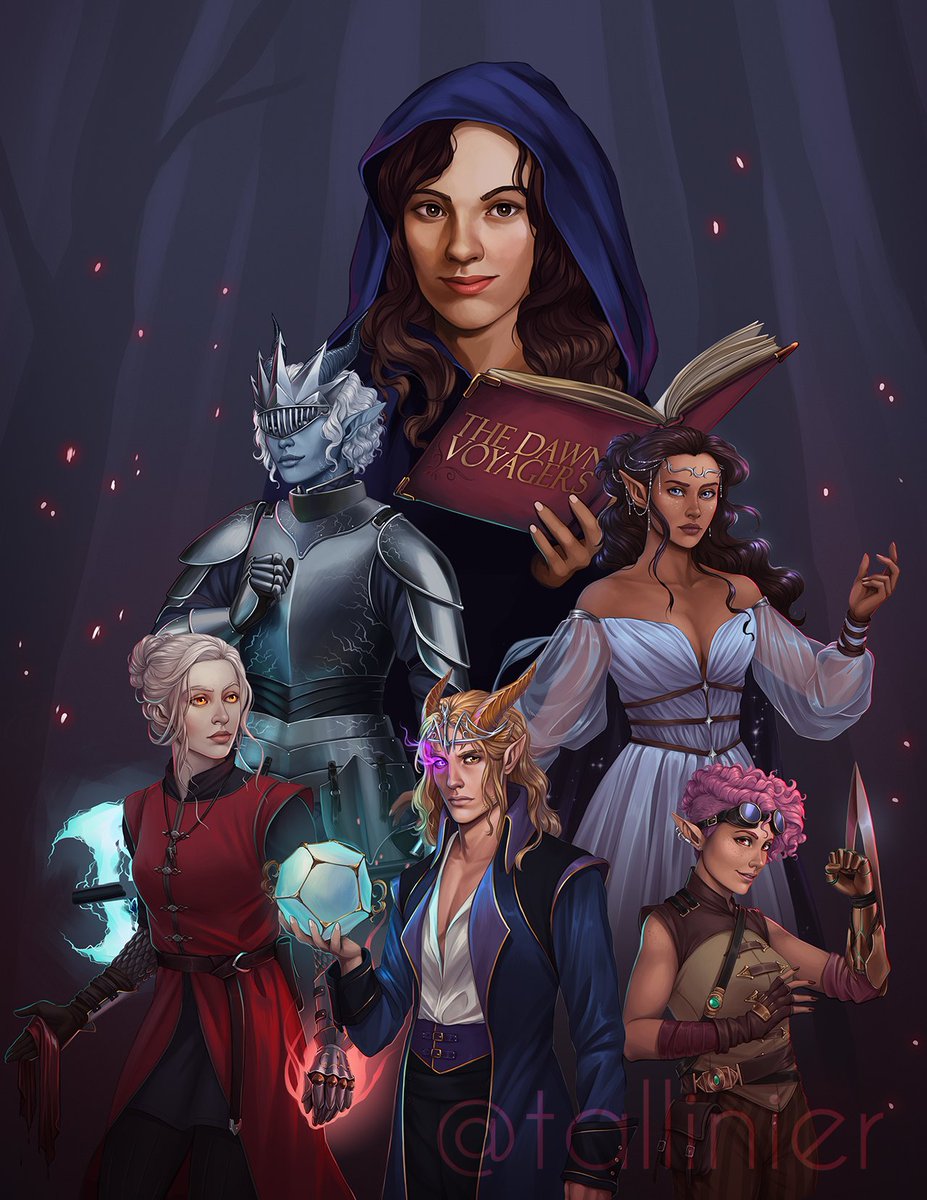 Tallinier's tweet photo. A while ago I was commissioned to paint a D&amp;D party - 5 months later and I'm now part of their games and I've made some truly wonderful friends, and the full party illustration is done in time for our amazing DM's birthday! ❤️🎊
#art #dnd #dungeonsanddragons #ttrpg #dnd5e https://t.co/GUrlH3KiWa
