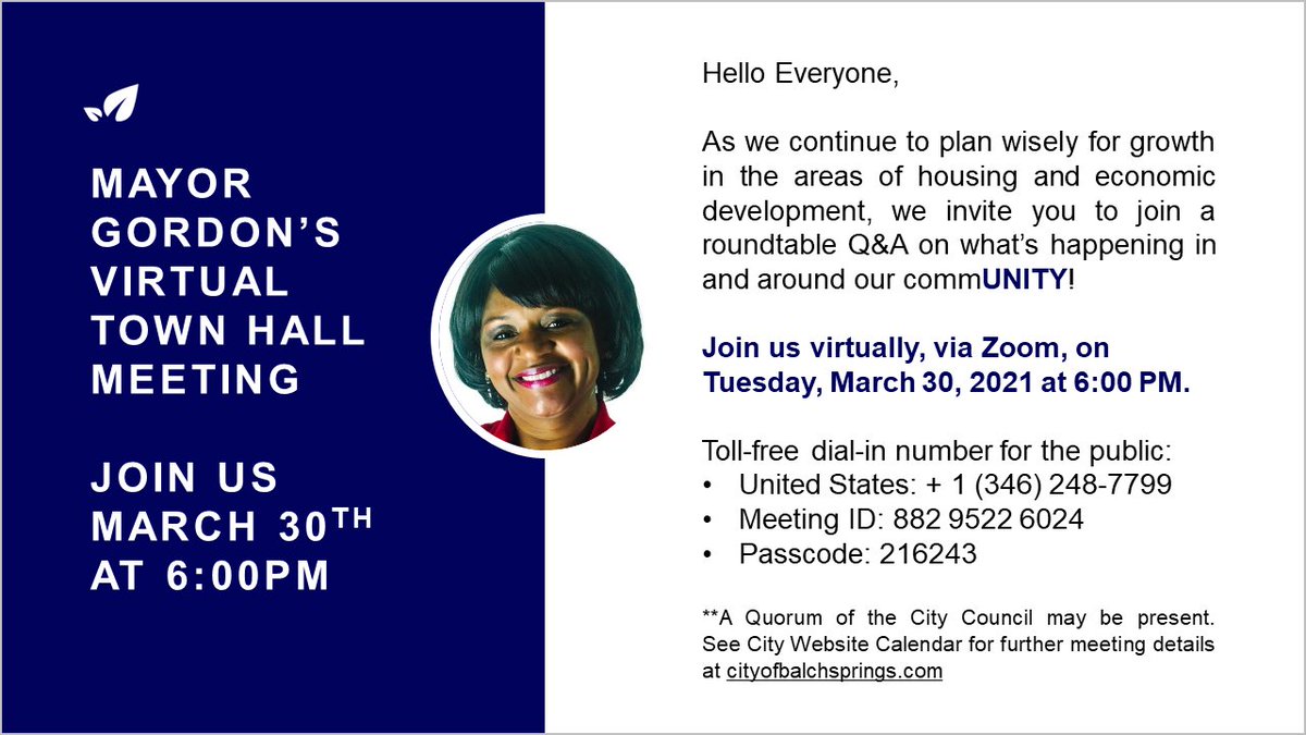 Mayor Gordon's Virtual Town Hall Meeting is Coming Soon on Mar 30, 2021 06:00 PM. CLICK NOW for meeting details.
cityofbalchsprings.com/Calendar.aspx?…