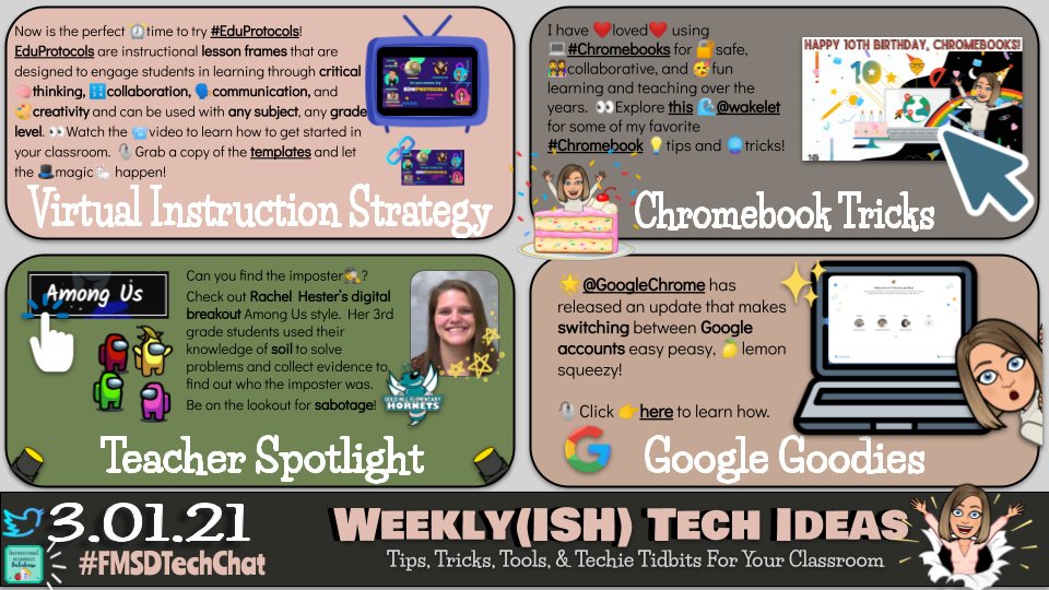 MongelliMegan's tweet photo. Weekly-ish Tech Ideas 💡:
👉https://t.co/DKXYUyNBDm
😱@eduprotocols lesson frame templates
🌊@wakelet for some of my favorite #Chromebook 💡tips and 🔮tricks
🔦@MsHester843 #AmongUs themed #DigitalBreakout
😎@googlechrome switching profiles trick
#FMSDTechChat https://t.co/E3olC43zP2