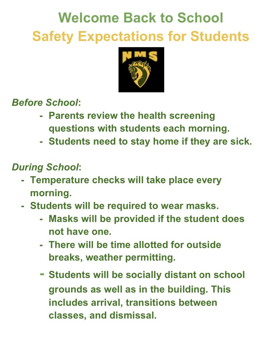 NMSMustangs's tweet photo. We are super excited to welcome students back on Monday, March 15. Please the two attached pictures for some helpful information. https://t.co/PspkQba3Pn