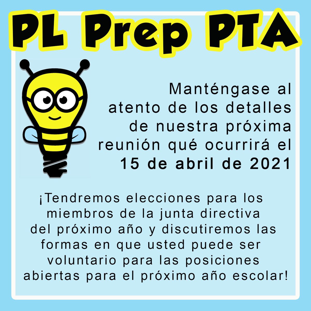 PLPrepPTA's tweet image. Be on the l👀k out for details on our next PL Prep PTA meeting! 

¡Manténgase altanto de los detalles de la próxima junta de el PTA de PL Prep! 

#PLPrepPTA #plbuzz @PLSamHouston